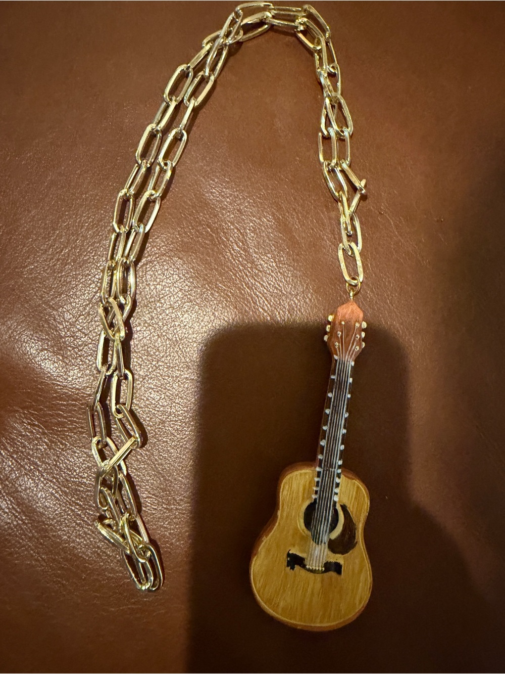 New! Gypsy Queen Gold-Tone Guitar Pendant long Necklace - Brown Guitar Charm